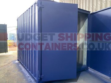 blue cut down container with fresh repaint and flat dooors