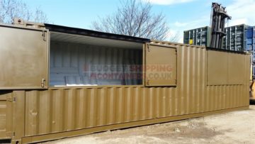 32ft refurbished container with serving hatches, one hatch open, other hatch closed