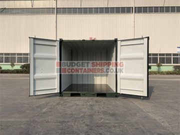 8ft green storage container with doors open showing inside