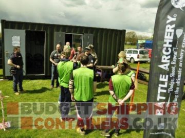 green 20ft container converted into an office for Battle Archery club