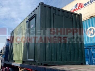 Smart green shipping container office with personnel door and windows
