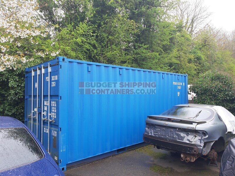 Blue shipping container at Arrow Garage Redditch