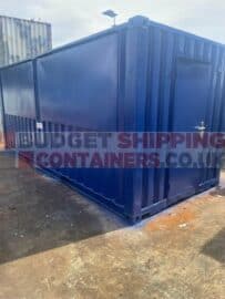 Blue 40ft Container with 2x serving hatches and personnel door