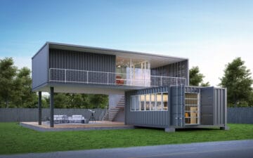Container house and office with lawn grass. 3d rendering