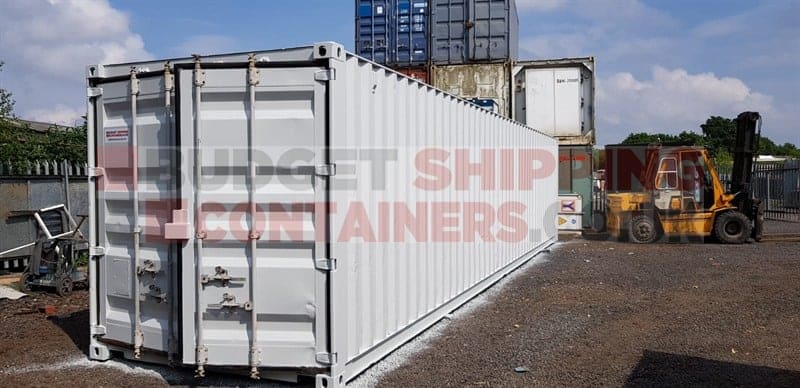 cargo door view of shipping container repainted in very light grey