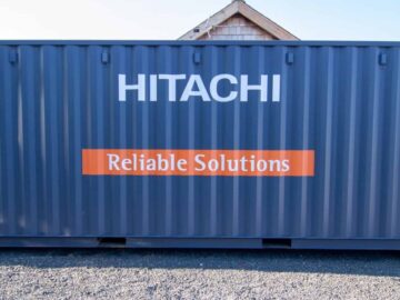 shipping container with hitachi branding