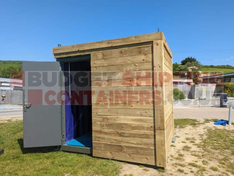 cladded container in position on site with personnel door open