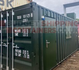 personnel door and antivandal window fitted in the side of a container office