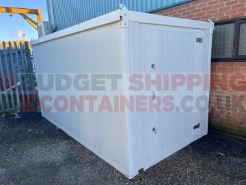 Flat Pack Insulated Storage Container in cream sitting in a yard
