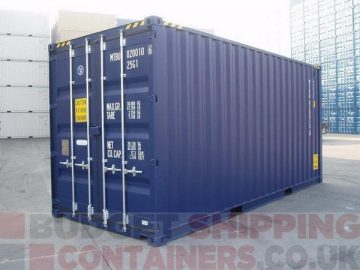 blue 20ft high cube shipping container, door and right hand side panel view