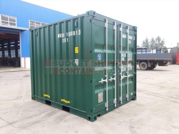 10ft green shipping container, door and left hand side view
