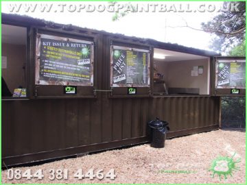 Serving hatch container in use at customers site. Menus and price lists fitted to inside of hatches that become display boards when opened