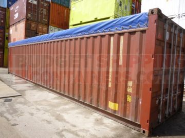 side view of a 40ft open top shipping container with blue tarp fitted