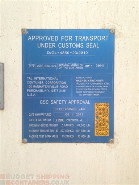 Close up of CSC plate on a shipping container