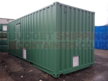 green 20ft shipping container with additional louvre vents and high security personnel door